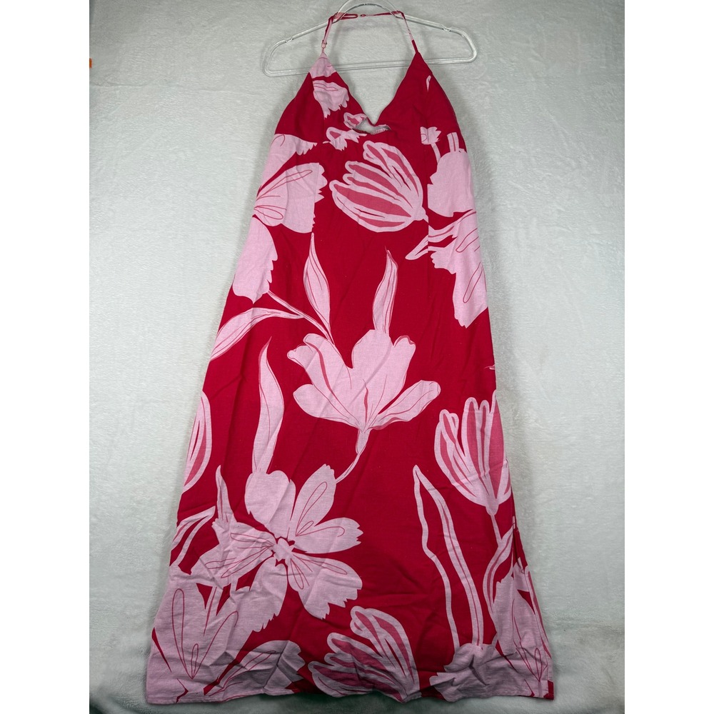 Calypso St Barth Linen Blend Floral Halter Maxi Dress Red Pink Tropical 12